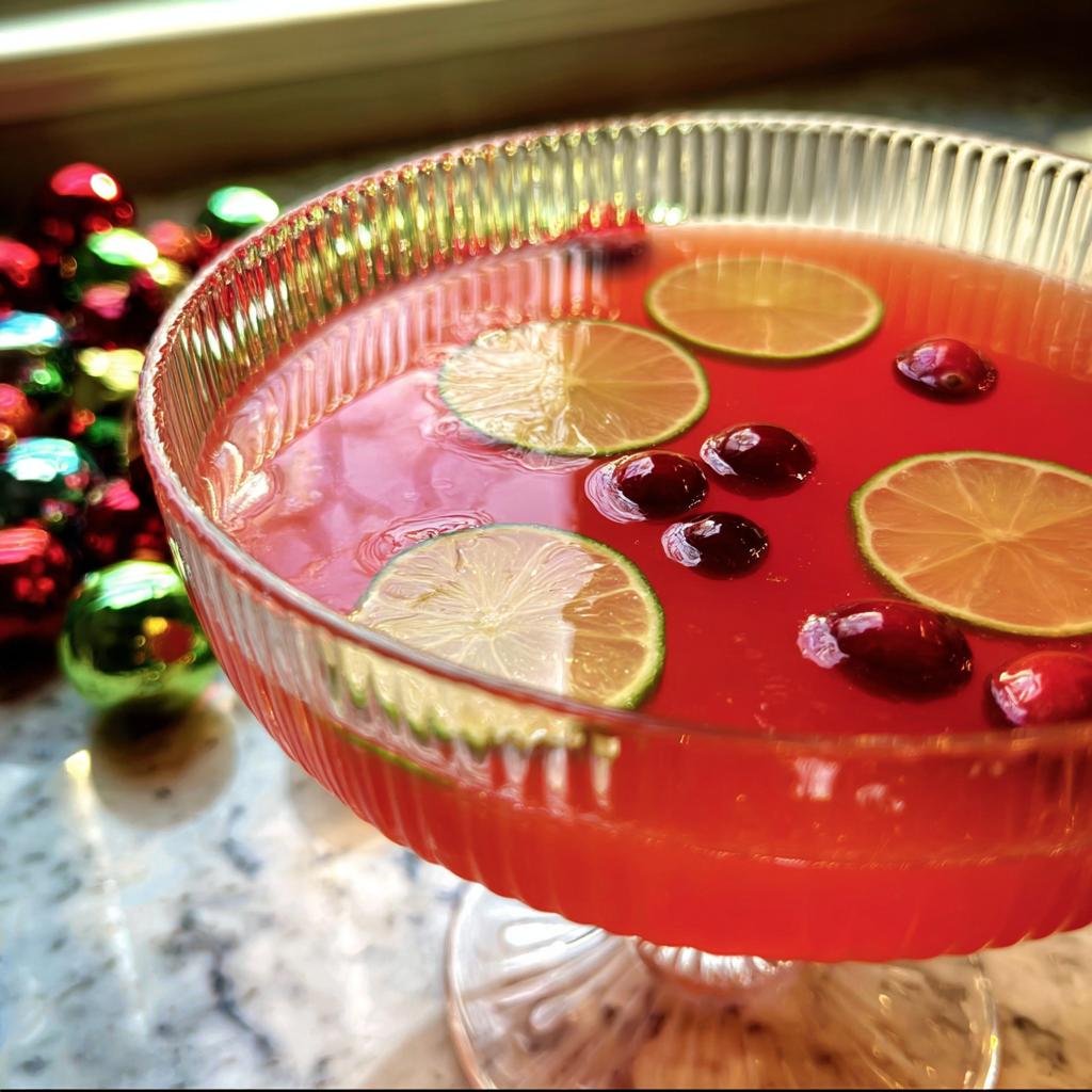 Close-up of bright red Cosmopolitan Party Punch garnished with lime slices and cranberries in a glass bowl.