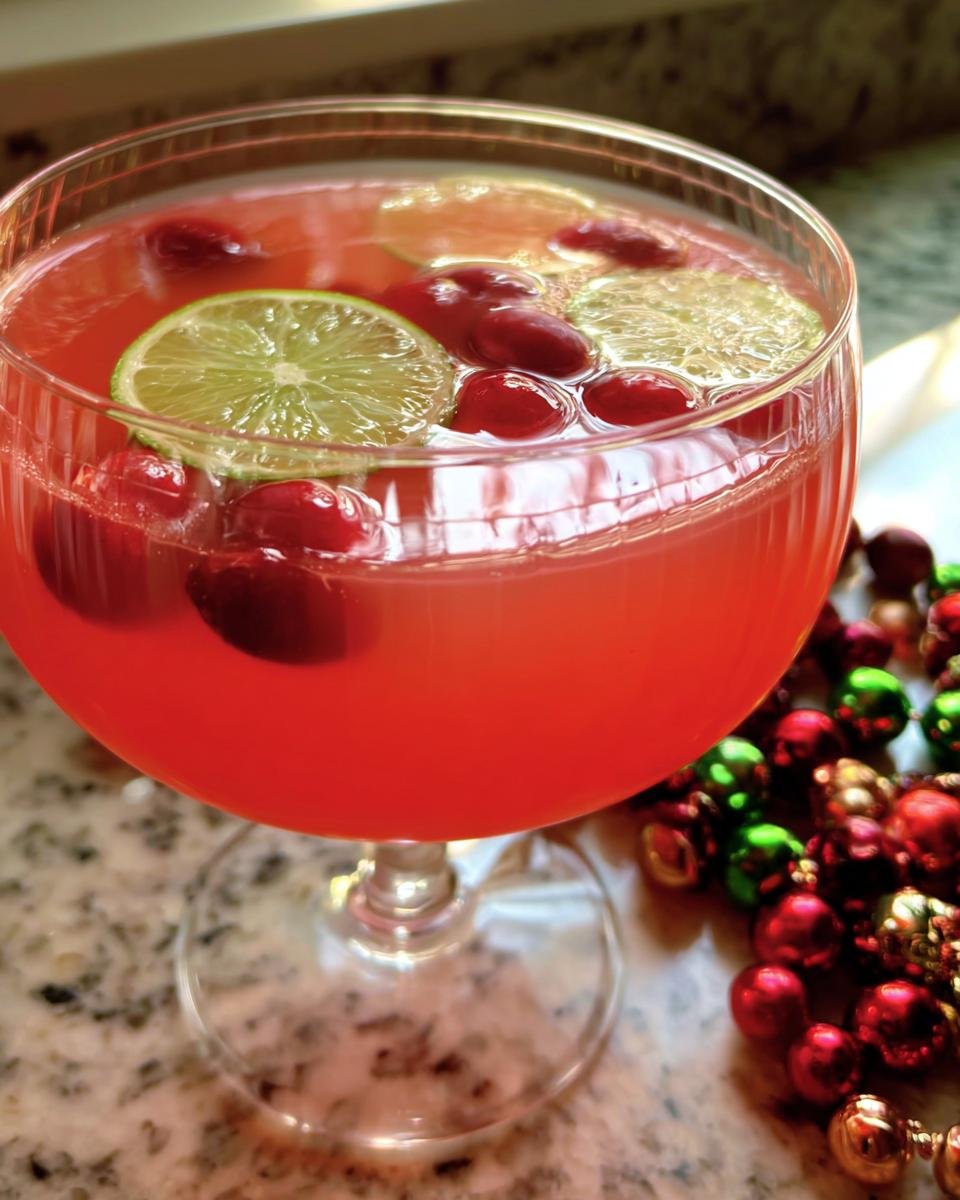 A glass filled with bright pink Cosmopolitan Party Punch, garnished with lime slices and fresh cranberries.