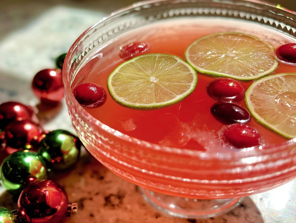 Close-up of a bright red Cosmopolitan Party Punch garnished with lime slices and fresh cranberries.