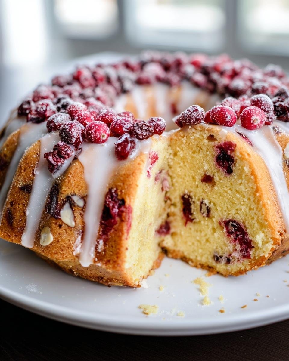 Close-up of a Cranberry Almond Orange Bundt Cake with a slice removed, topped with white glaze and sugared cranberries.