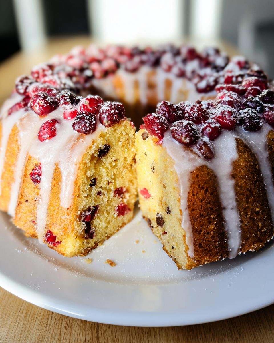 Close-up of a Cranberry Almond Orange Bundt Cake sliced in half, showing the moist interior and white glaze topped with sugared cranberries.