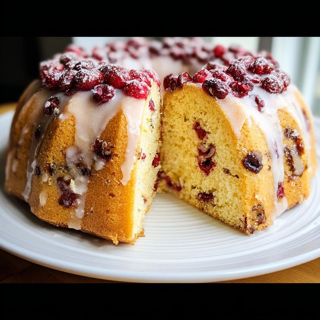 Close-up of a Cranberry Almond Orange Bundt Cake, sliced open to show the interior texture and topped with glaze and fresh cranberries.