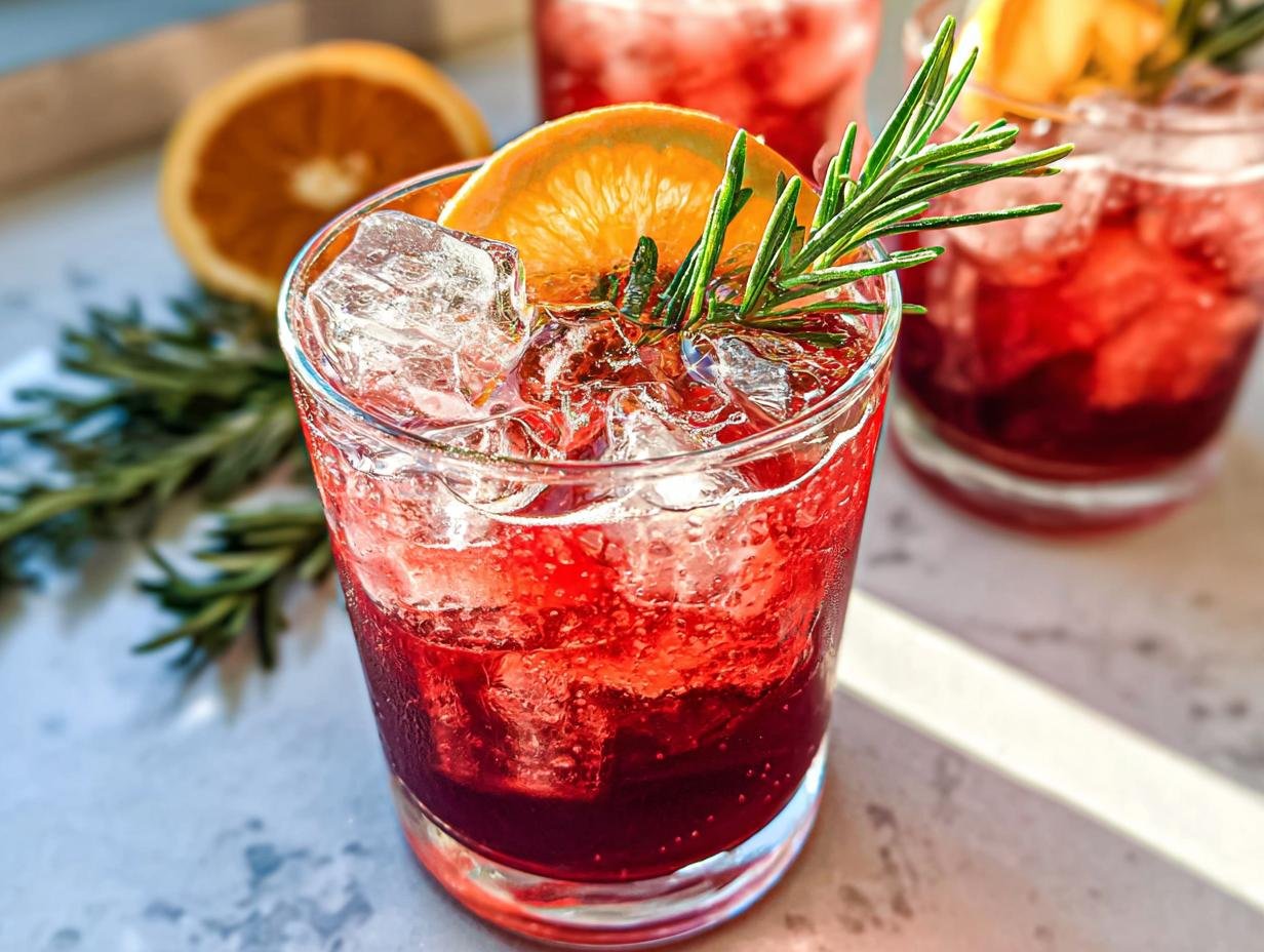 Close-up of a vibrant red Cranberry Bourbon Smash cocktail filled with ice, garnished with an orange slice and rosemary.