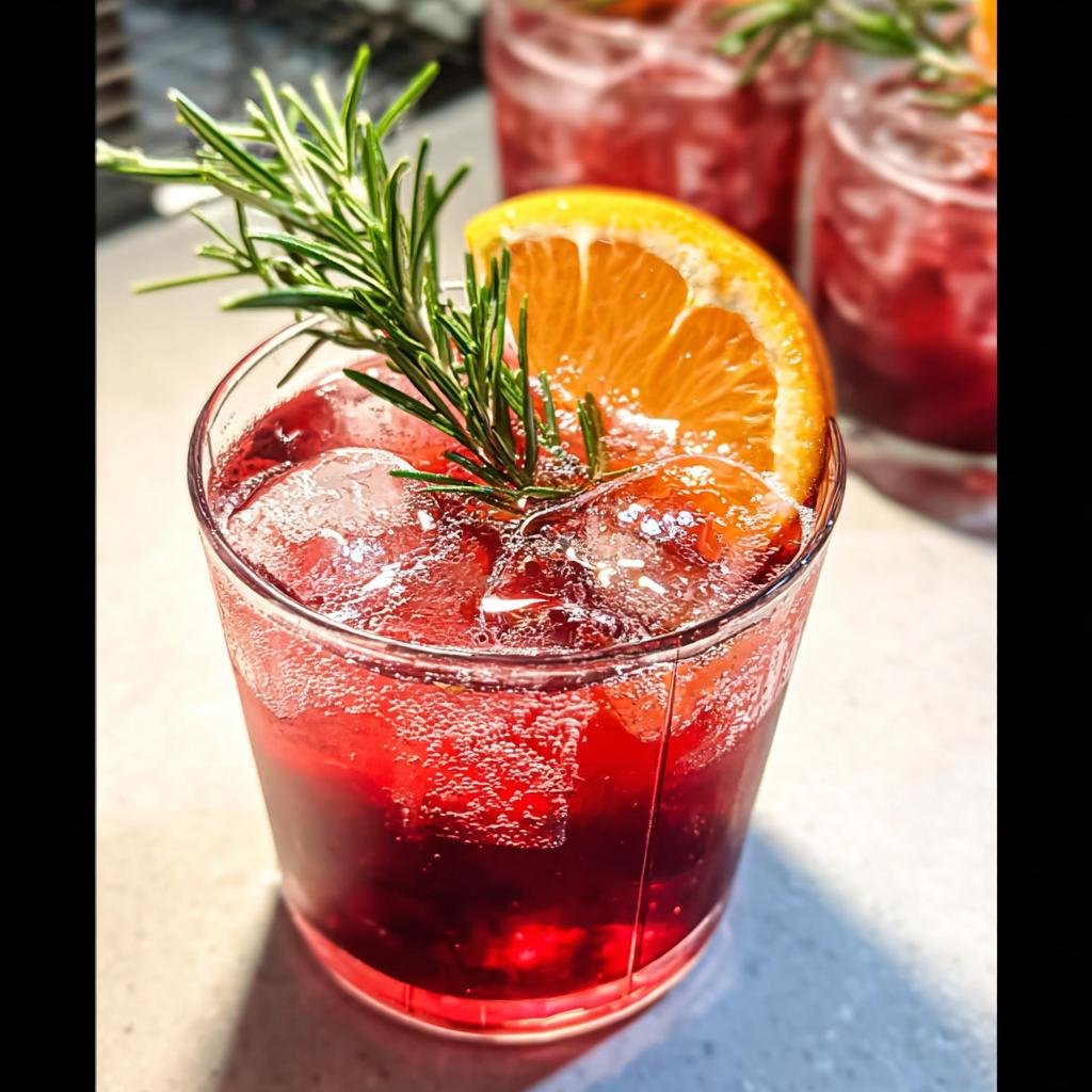 Close-up of a vibrant red Cranberry Bourbon Smash cocktail, garnished with an orange slice and rosemary sprig.