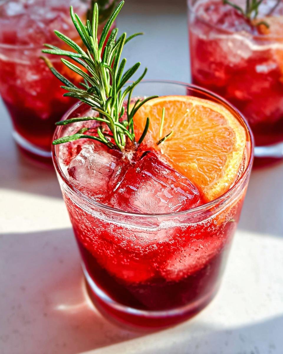 Close-up of a vibrant red Cranberry Bourbon Smash cocktail garnished with an orange slice and fresh rosemary.