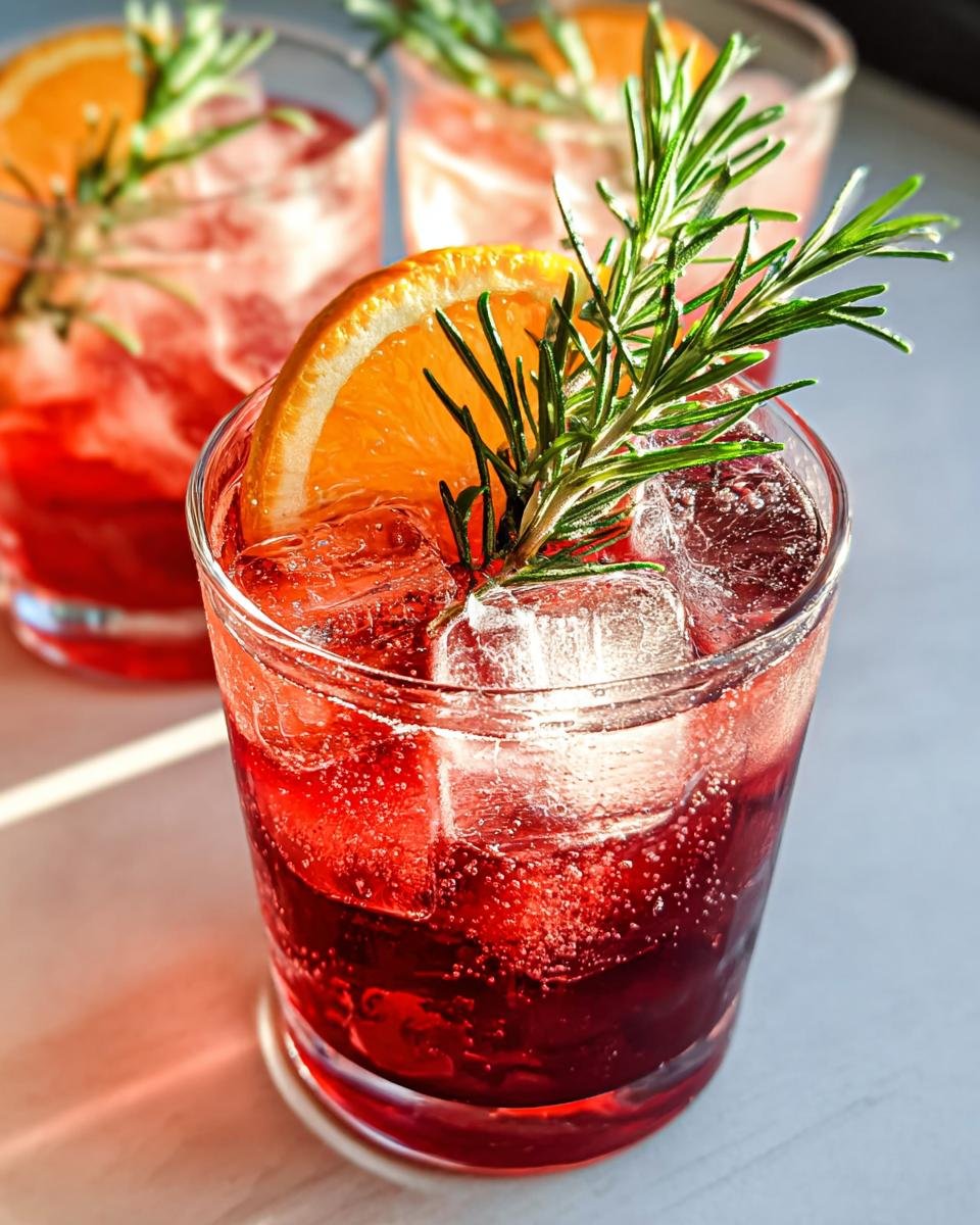Close-up of a vibrant red Cranberry Bourbon Smash cocktail filled with ice, garnished with an orange slice and rosemary.