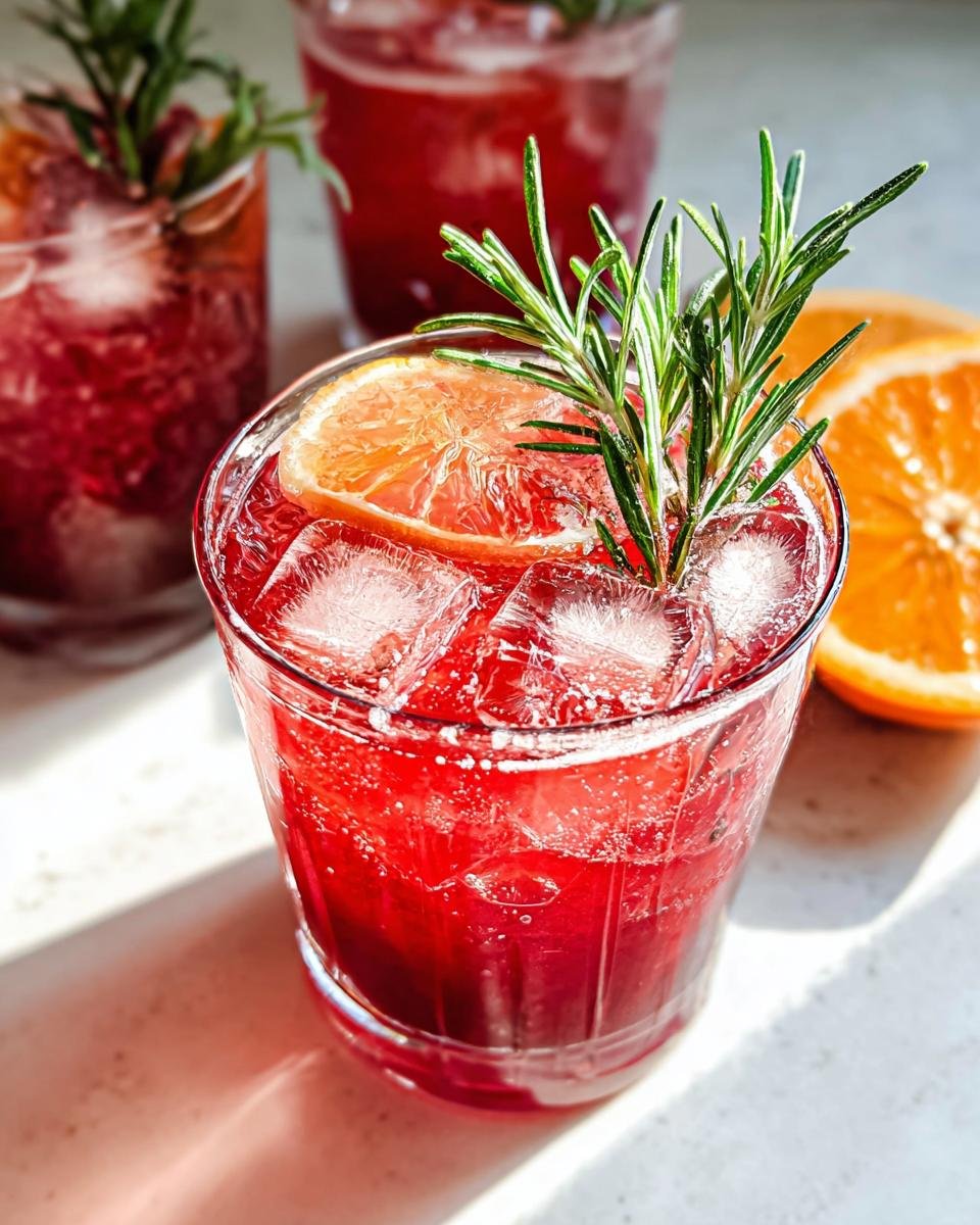 Close-up of a vibrant red Cranberry Bourbon Smash cocktail filled with ice, garnished with rosemary and an orange slice.