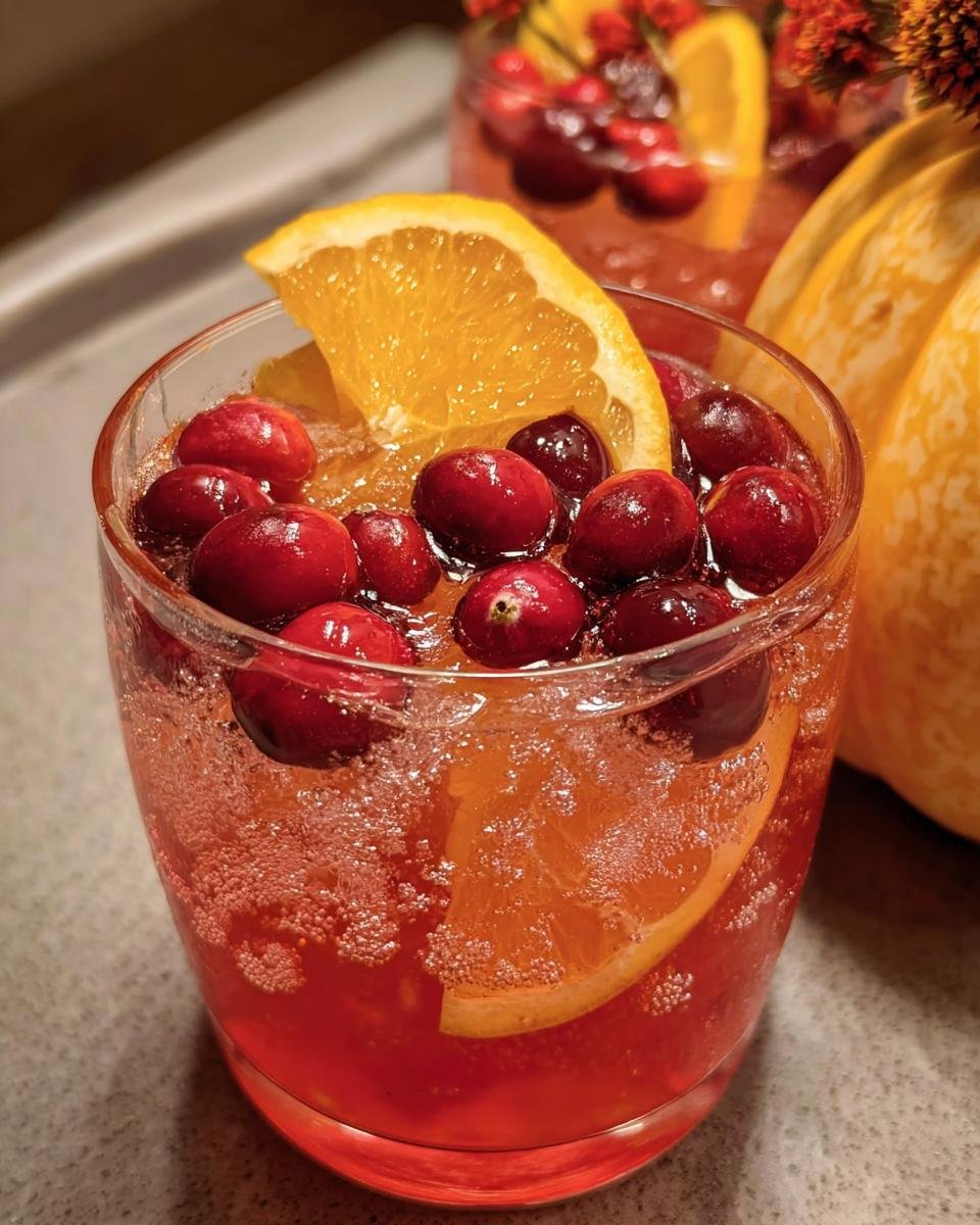 A close-up of a glass filled with fizzy Cranberry Orange Prosecco Punch, garnished with fresh cranberries and an orange slice.