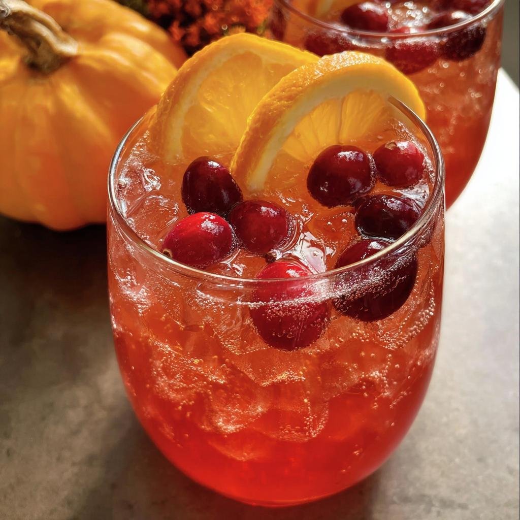 Close-up of a festive Cranberry Orange Prosecco Punch garnished with fresh cranberries and orange slices over ice.