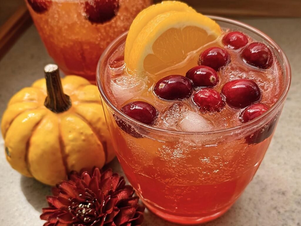 Close-up of a festive Cranberry Orange Prosecco Punch garnished with fresh cranberries and orange slices.