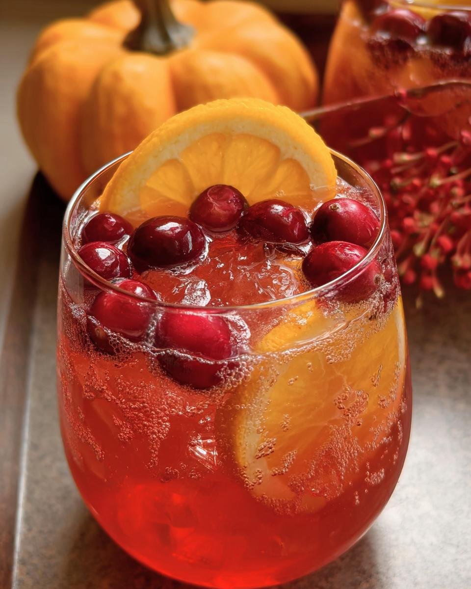 Close-up of a refreshing Cranberry Orange Prosecco Punch garnished with fresh cranberries and an orange slice.