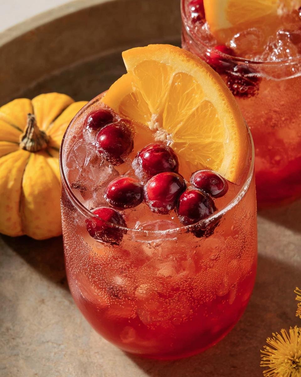 Close-up of a bubbly Cranberry Orange Prosecco Punch garnished with fresh cranberries and an orange slice.