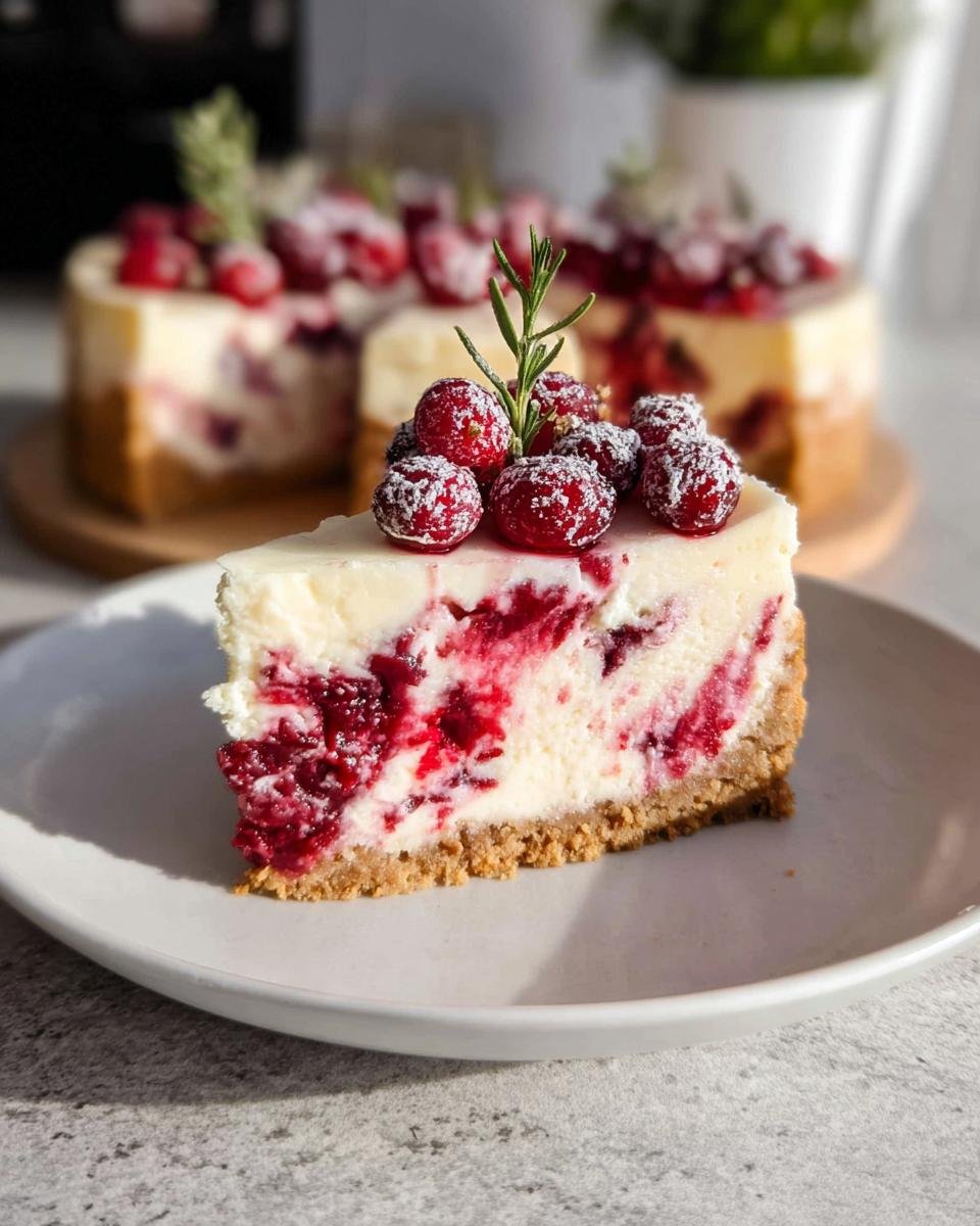 A slice of rich Cranberry Swirl Cheesecake topped with sugared cranberries and a rosemary sprig.