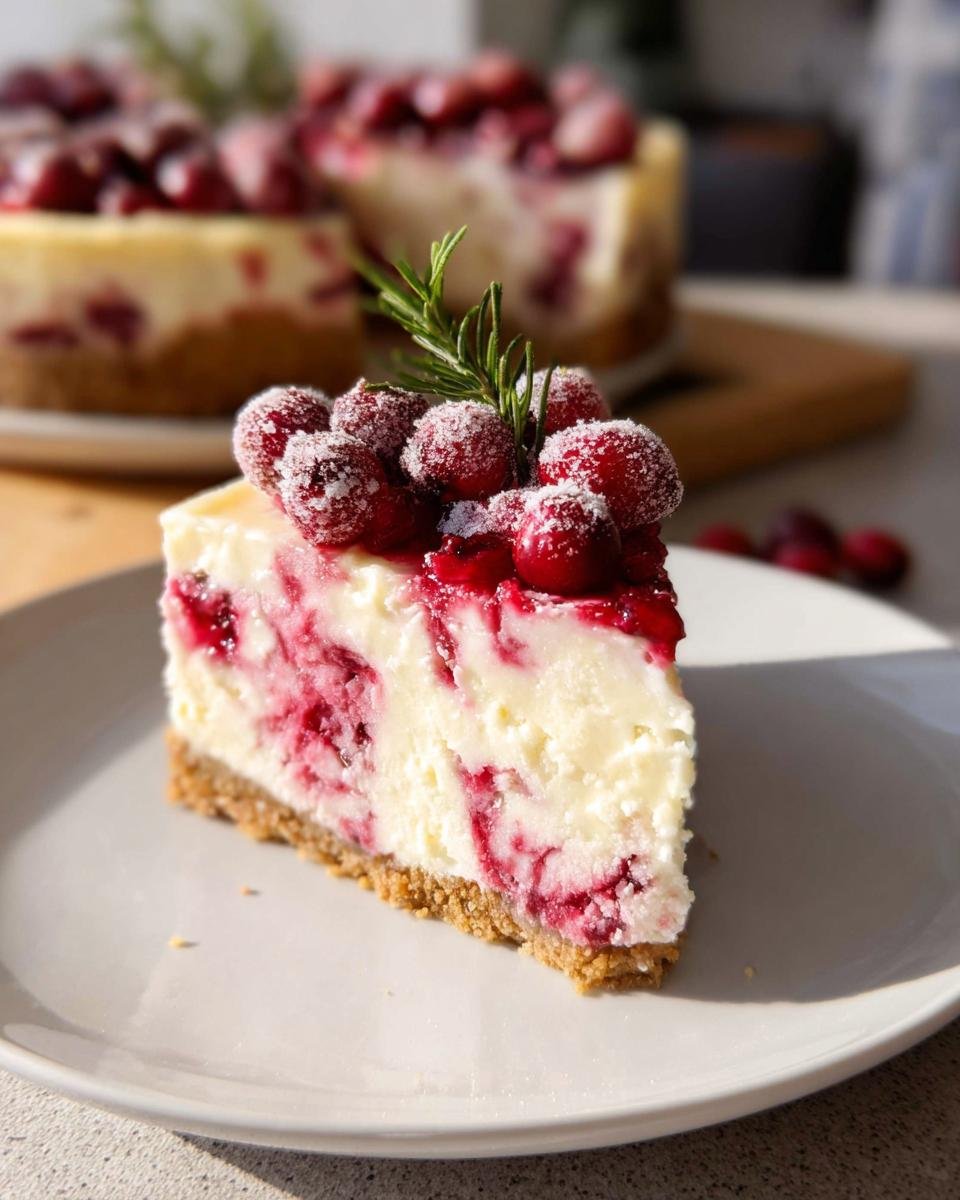 A perfect slice of Cranberry Swirl Cheesecake on a white plate, topped with sugared cranberries and rosemary.