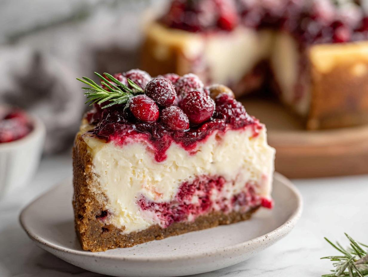 A perfect slice of Cranberry Swirl Cheesecake topped with sugared cranberries and rosemary.