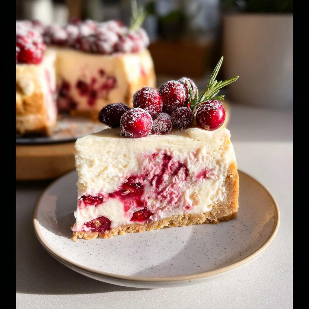 A perfect slice of Cranberry Swirl Cheesecake topped with sugared cranberries and rosemary on a speckled plate.