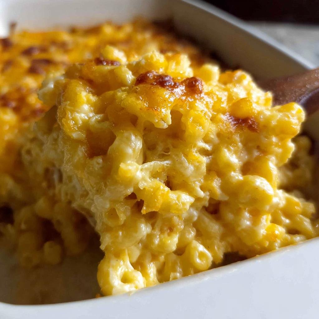 A close-up shot of a spoonful of creamy, baked Mac and Cheese being lifted from a white dish.