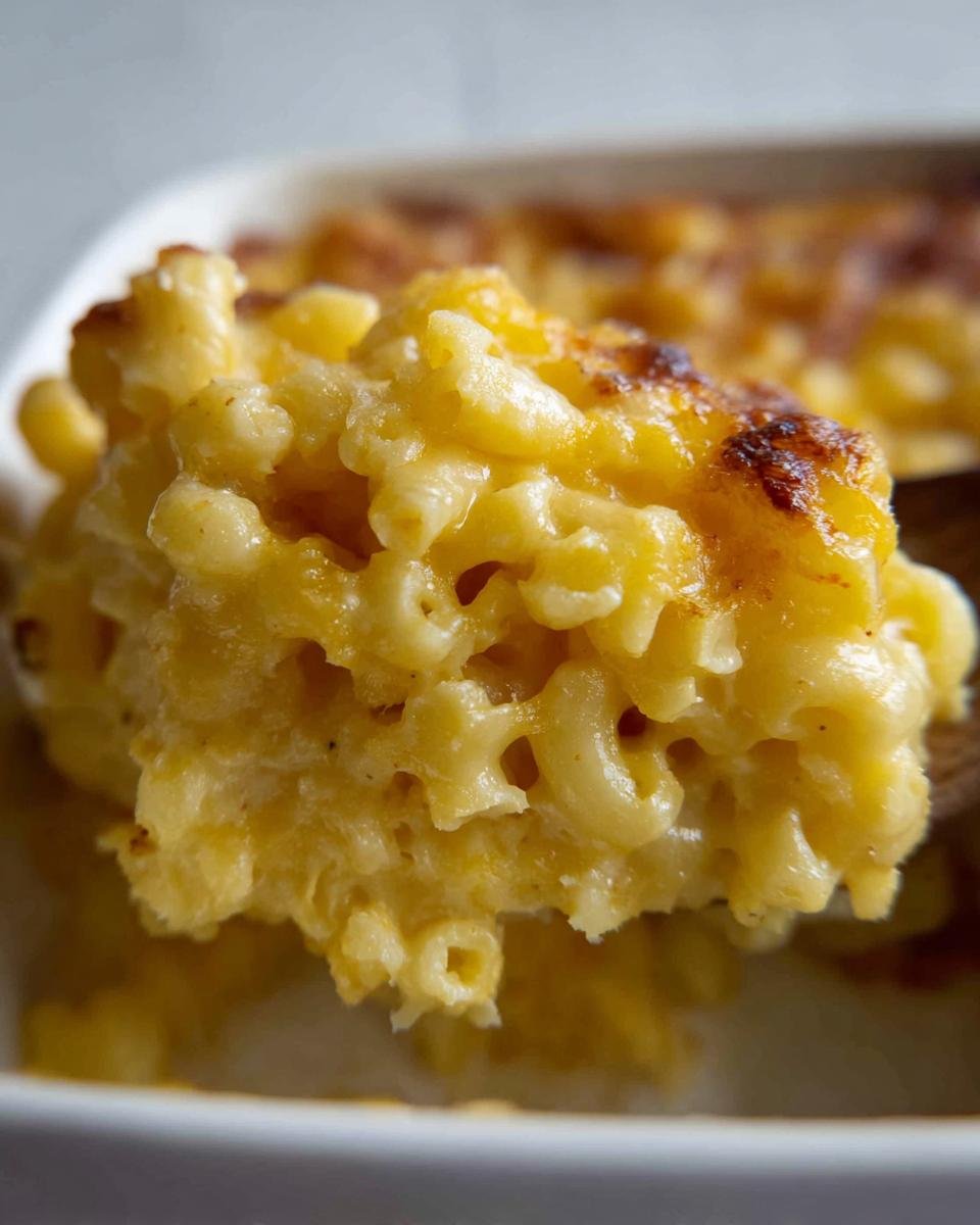 A close-up spoonful of creamy, baked Mac and Cheese showing the cheesy sauce and browned top.