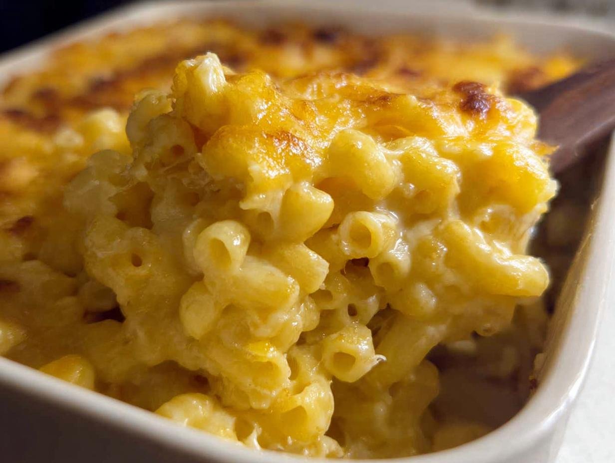 A close-up shot of a spoonful of creamy, baked Mac and Cheese being lifted from a casserole dish.