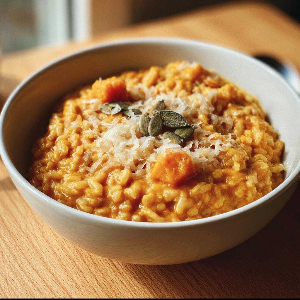 A close-up of creamy Butternut Squash Risotto topped with grated cheese, pumpkin seeds, and sage.