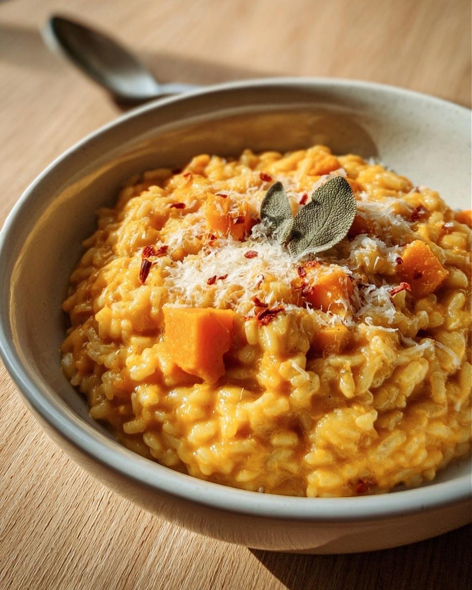 Close-up of creamy Butternut Squash Risotto topped with grated cheese, chili flakes, and sage leaves.