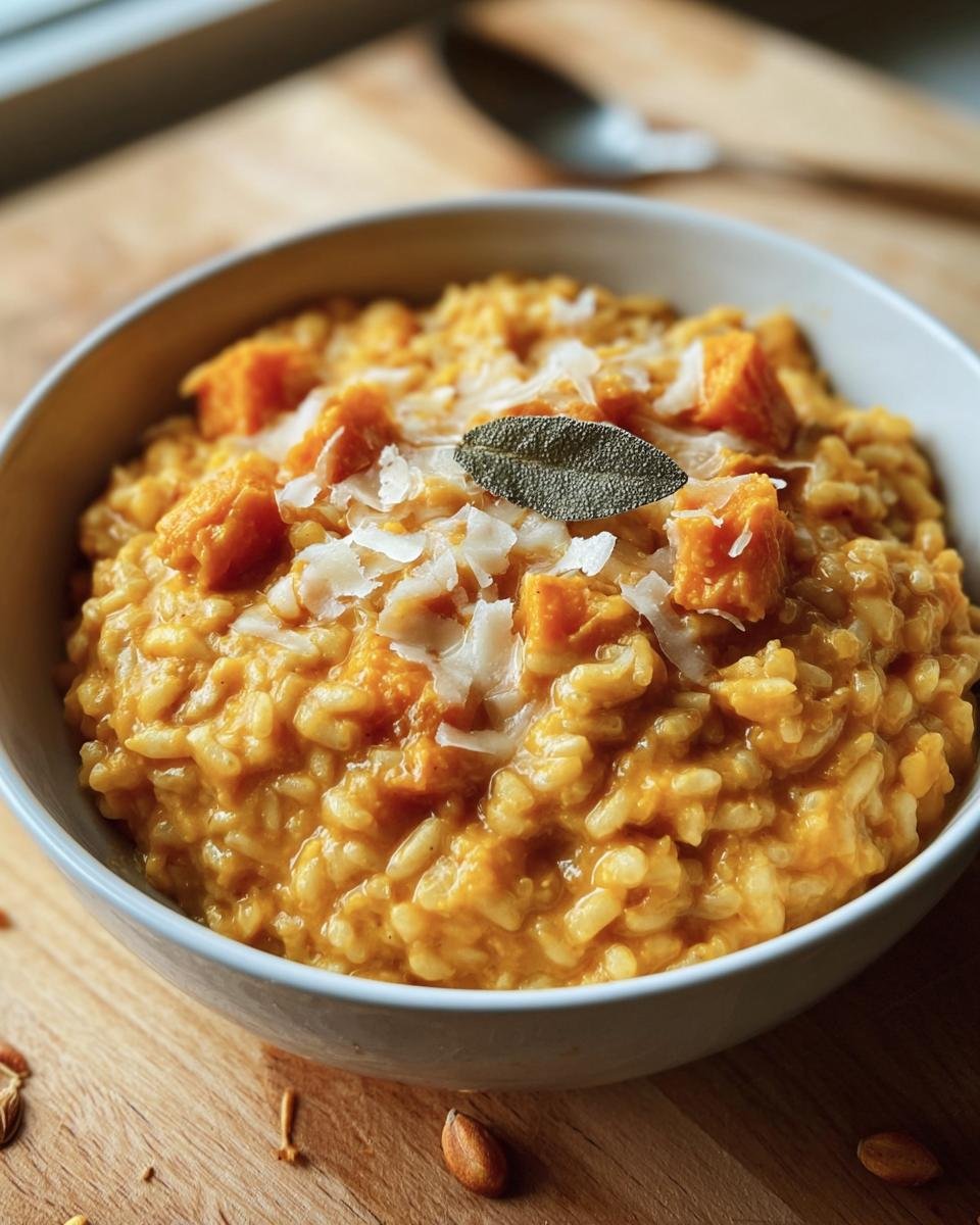 Close-up of creamy Butternut Squash Risotto topped with shaved Parmesan and a sage leaf.