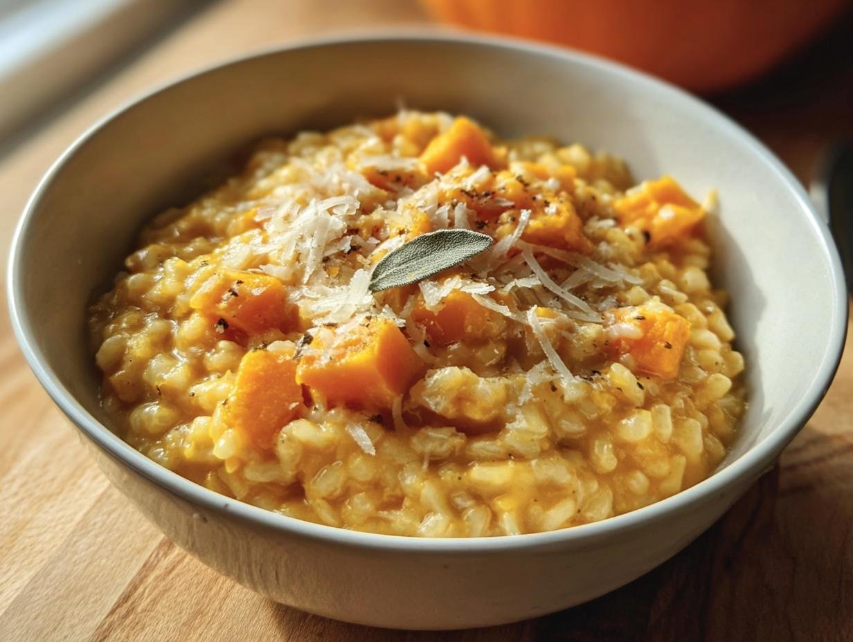 A close-up of creamy Butternut Squash Risotto topped with grated cheese and a sage leaf.