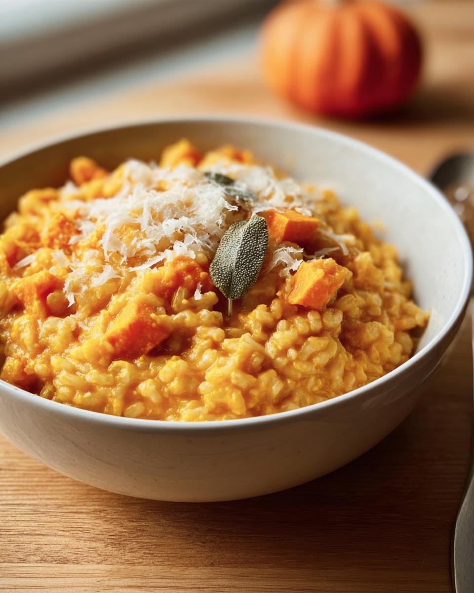 A close-up of creamy Butternut Squash Risotto topped with grated Parmesan cheese and a sage leaf.