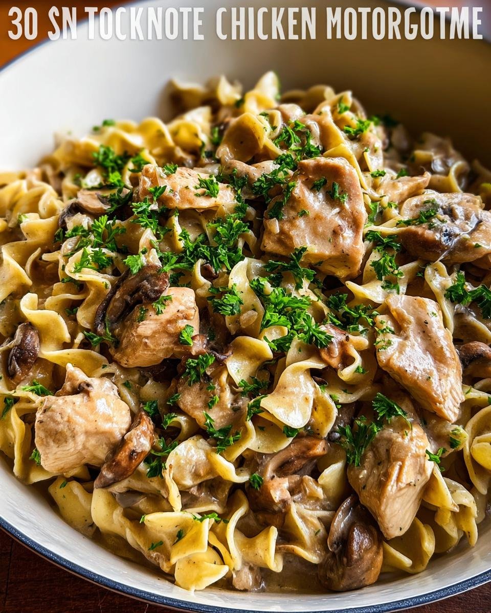 Close-up of creamy chicken and mushroom stroganoff served over egg noodles, perfect for 30-Minute Family Dinners.