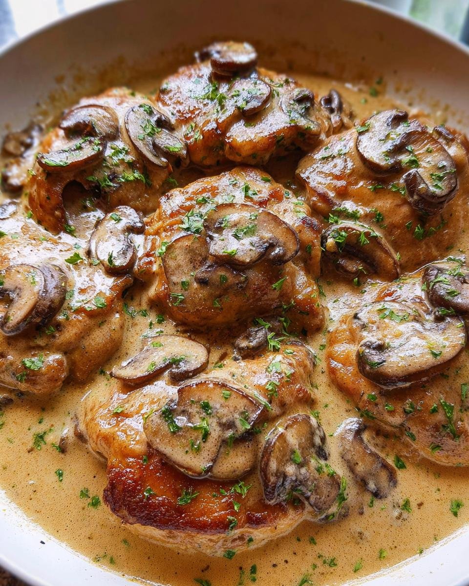 Close-up of several golden-brown chicken thighs smothered in a rich, creamy garlic mushroom sauce and garnished with parsley.