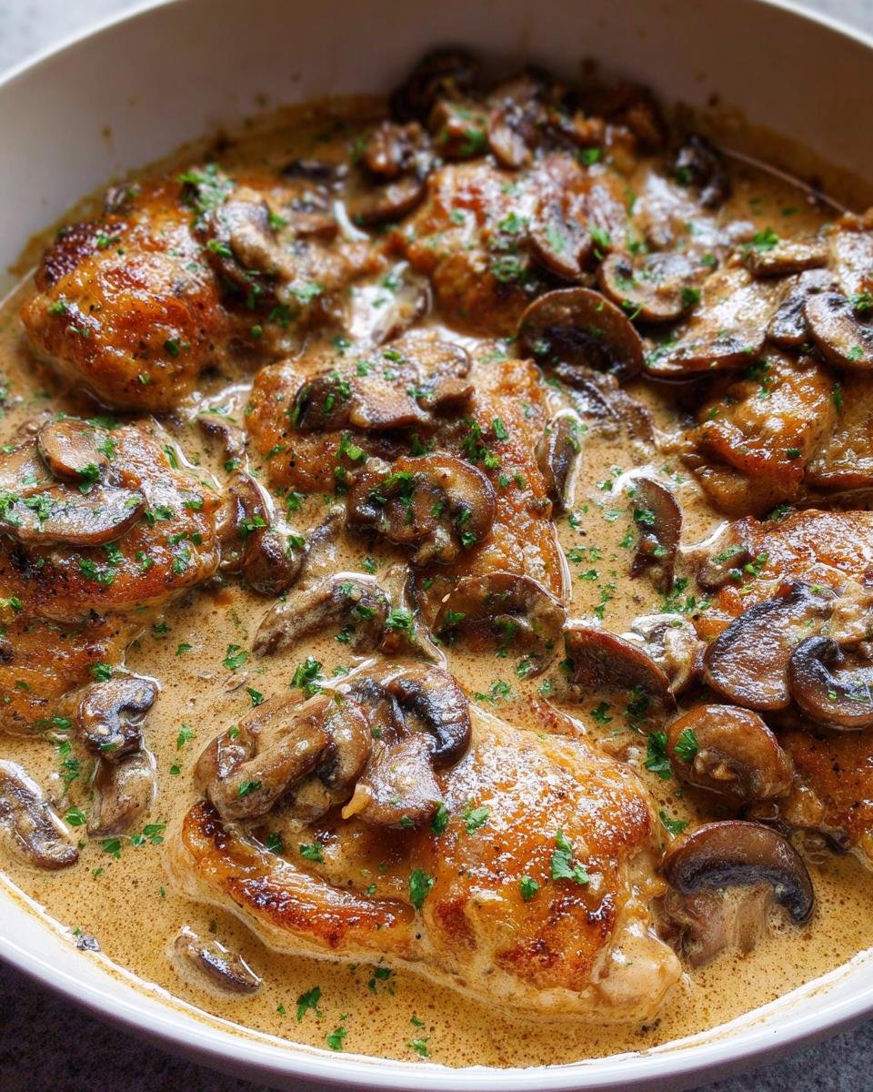 Close-up of seared chicken thighs smothered in a rich, creamy garlic mushroom sauce and garnished with parsley.