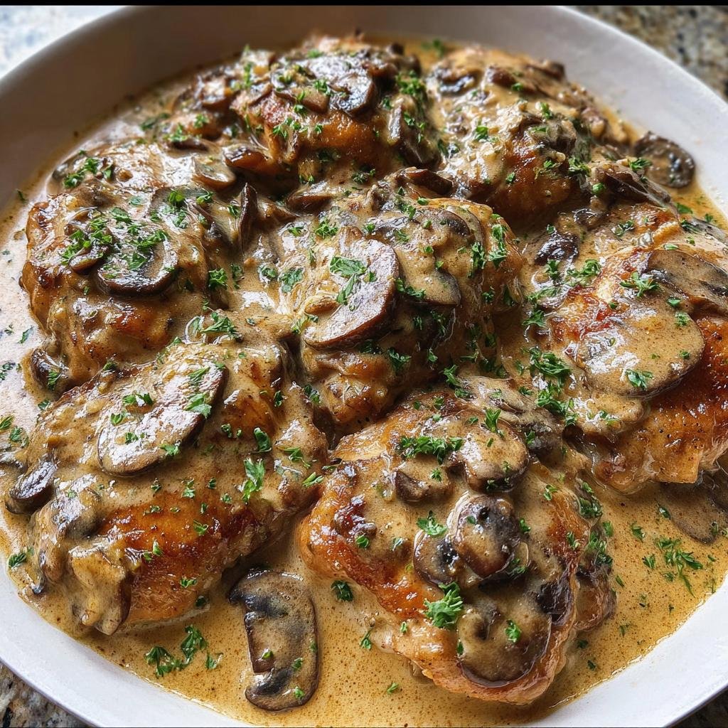 Close-up of pan-seared chicken thighs smothered in a rich, creamy garlic mushroom sauce and garnished with parsley.