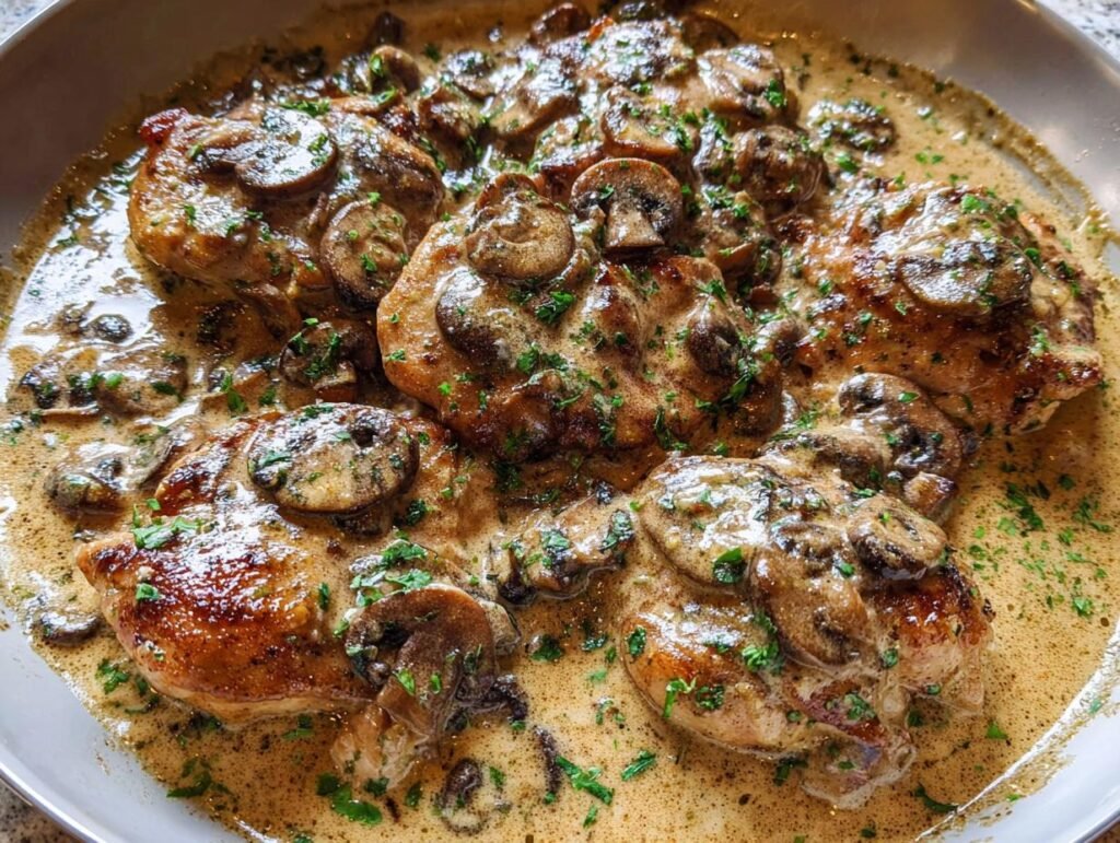 Close-up of seared chicken thighs smothered in a rich, creamy garlic mushroom sauce and garnished with parsley.