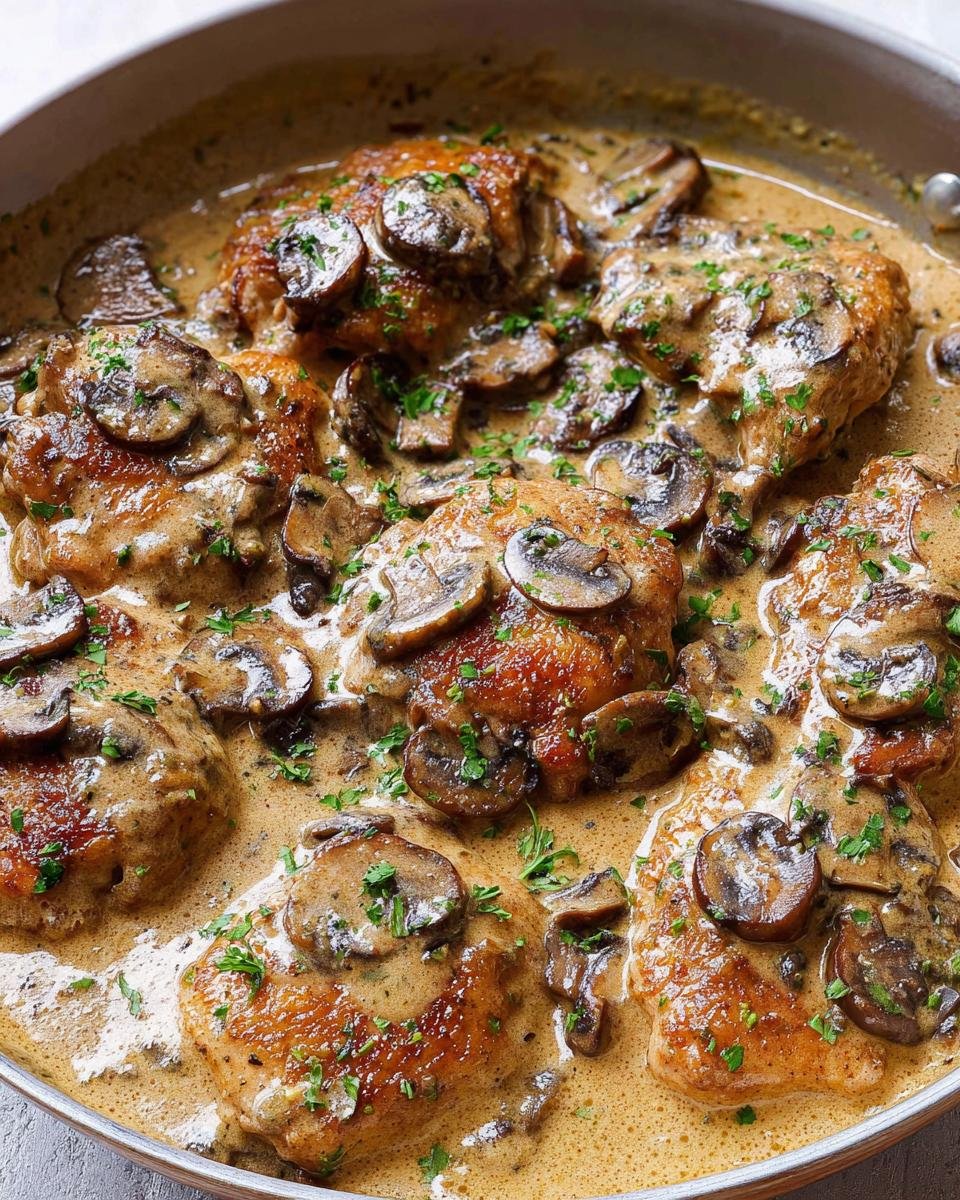 Close-up of several golden-brown chicken thighs covered in a rich, creamy garlic mushroom sauce and garnished with parsley.