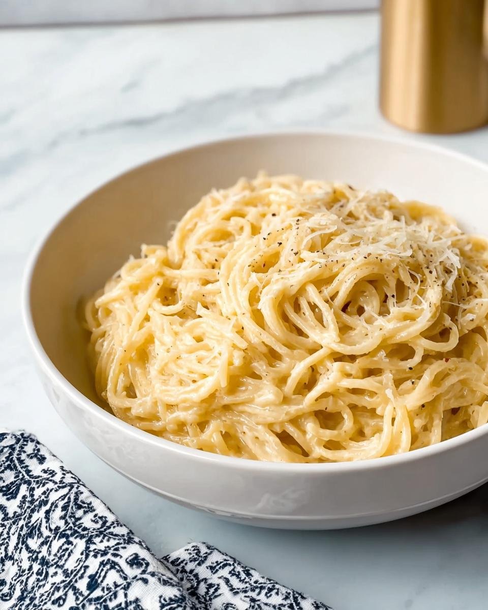 A white bowl filled with rich Creamy Garlic Pasta, topped with grated Parmesan cheese and black pepper.