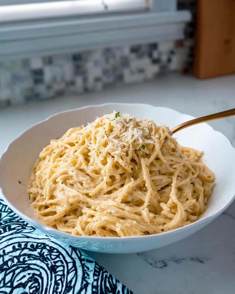 A generous serving of Creamy Garlic Pasta coated in a rich sauce, topped with grated Parmesan cheese.