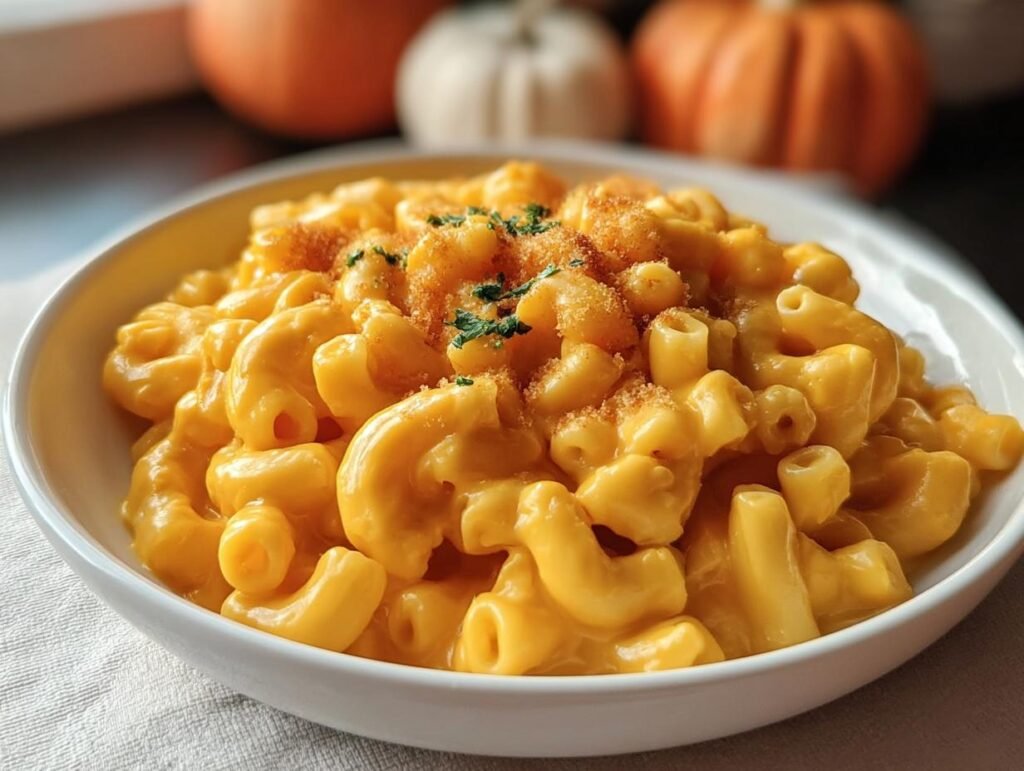 A close-up of creamy, cheesy Gluten-Free Mac and Cheese topped with breadcrumbs and parsley in a white bowl.