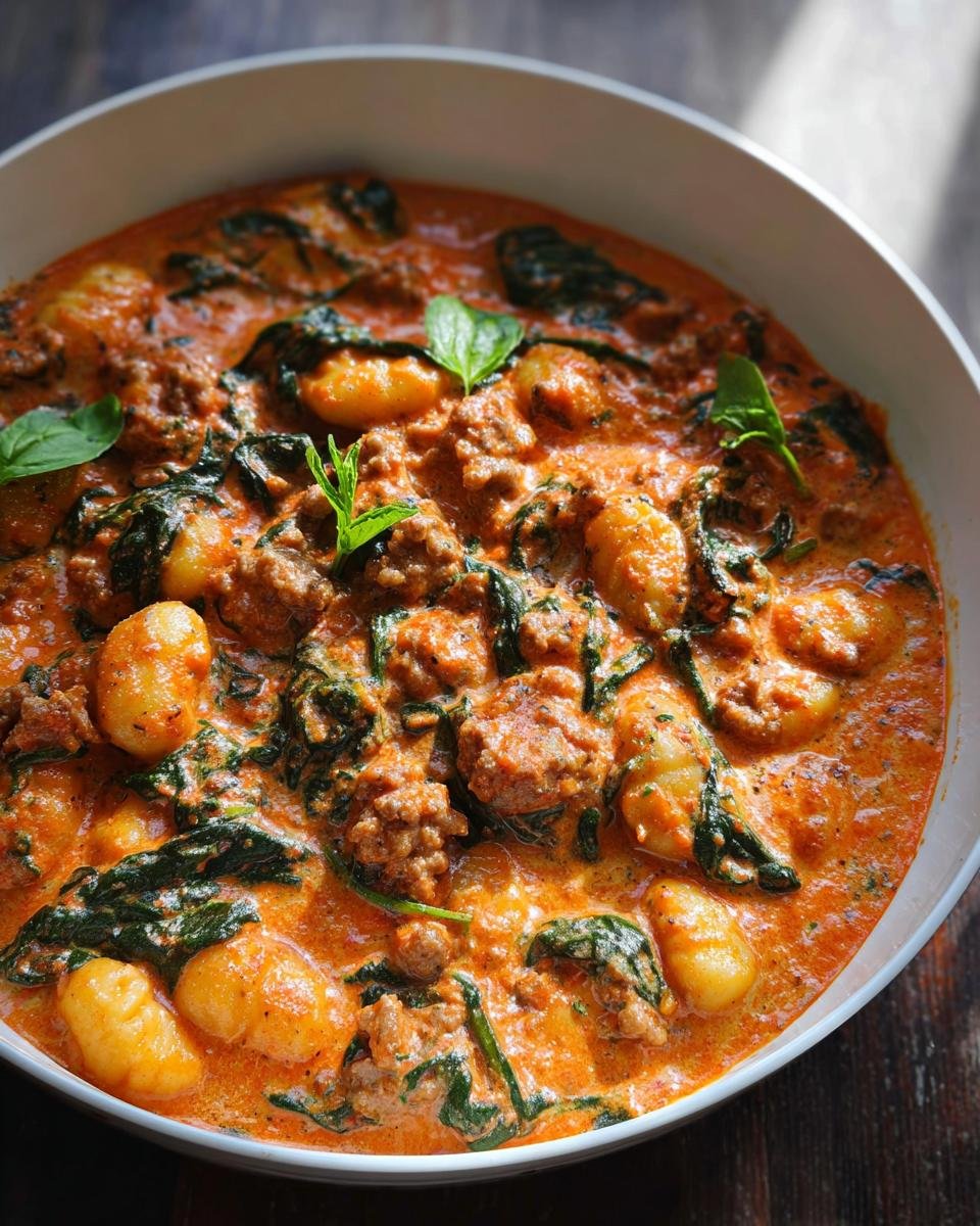 A close-up of a white bowl filled with rich, creamy sausage gnocchi skillet, featuring spinach and basil garnish.
