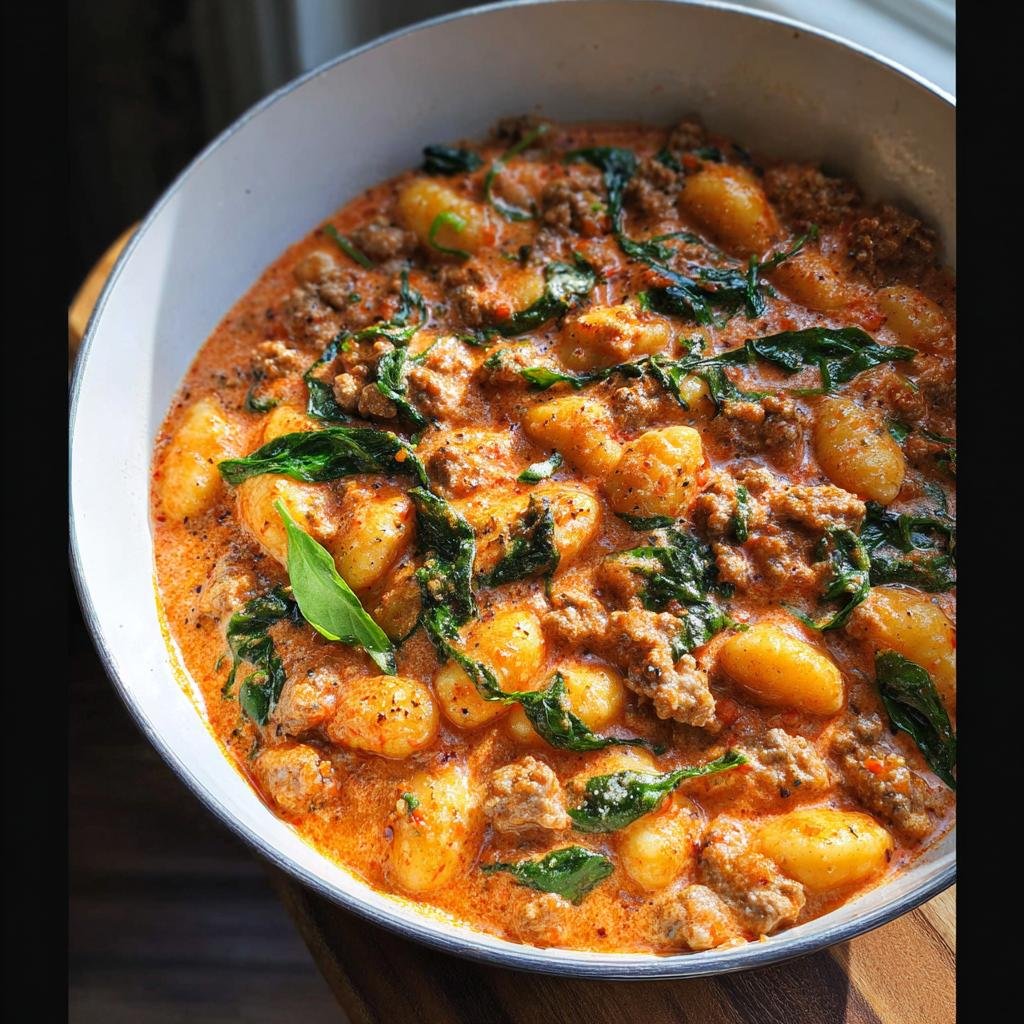 A close-up of rich, orange-hued Creamy Sausage Gnocchi Skillet mixed with wilted spinach.
