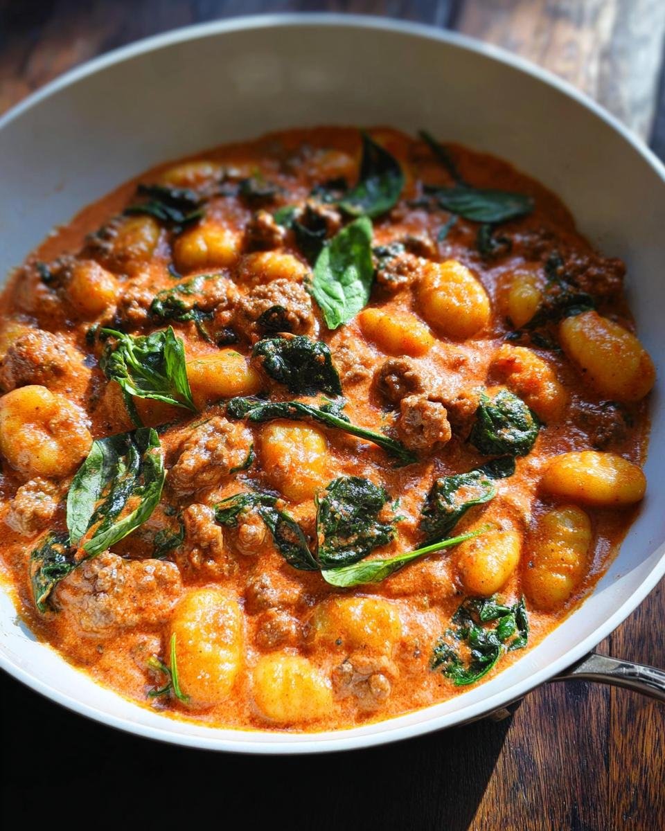 A close-up of a white skillet filled with rich, creamy sausage gnocchi skillet, garnished with wilted spinach and fresh basil leaves.