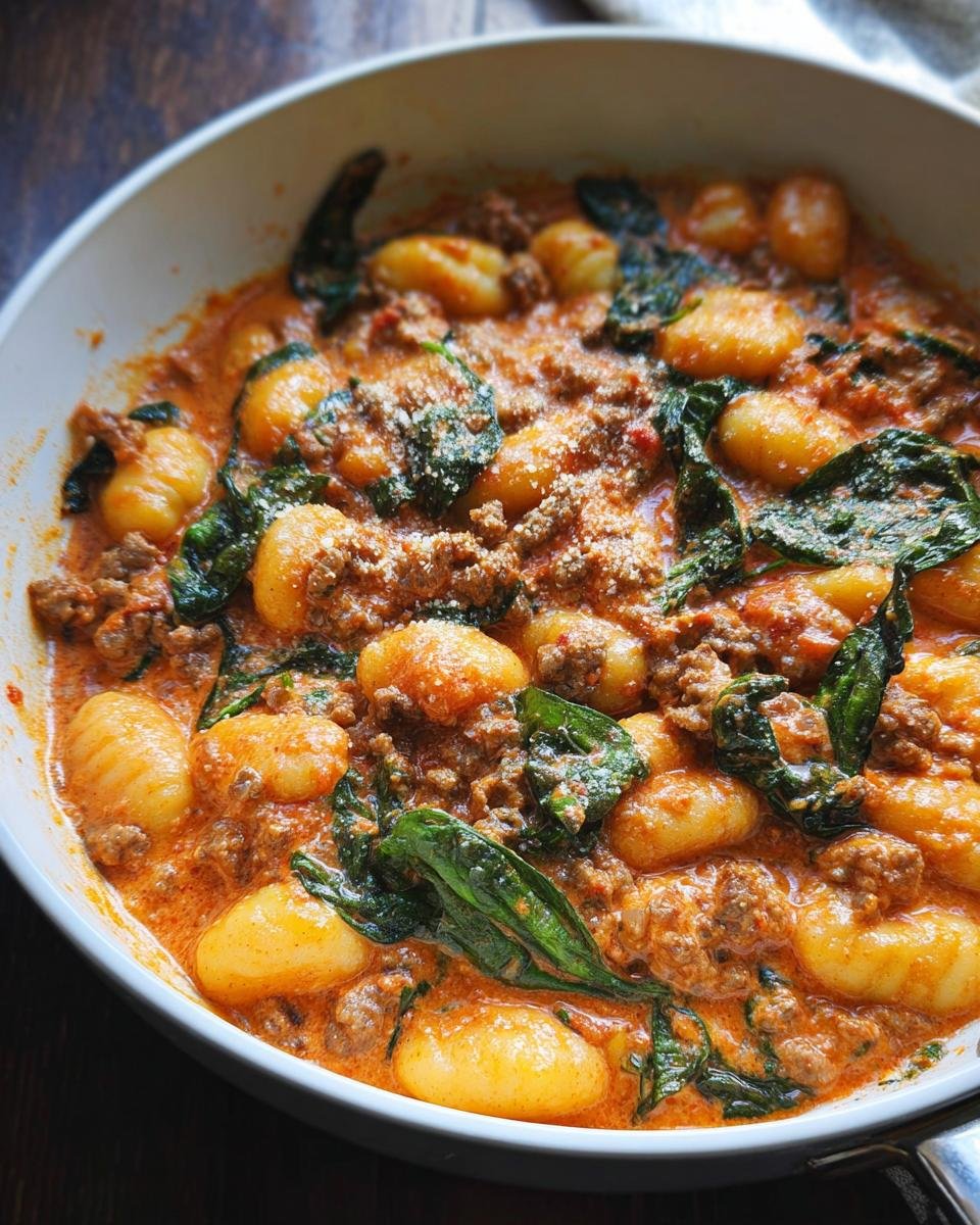 Close-up overhead view of rich, creamy sausage gnocchi skillet with wilted spinach, topped with cheese.