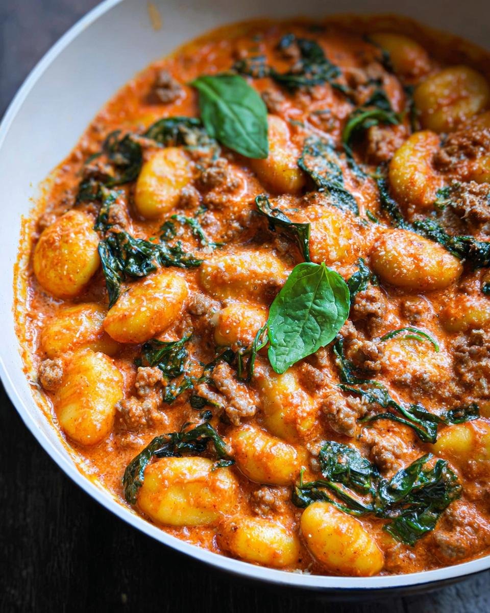 A close-up overhead shot of rich, orange-hued Creamy Sausage Gnocchi Skillet with wilted spinach and fresh basil leaves.