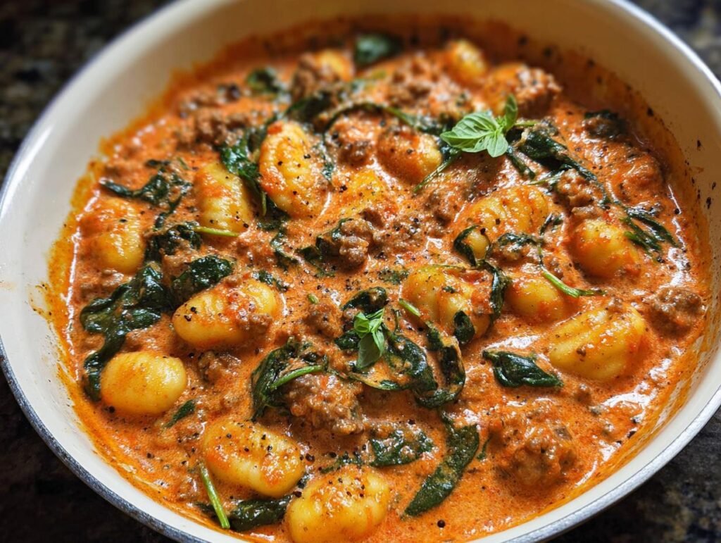A close-up of a skillet filled with Creamy Sausage Gnocchi Skillet, featuring plump gnocchi in a rich, orange sauce with spinach and sausage.