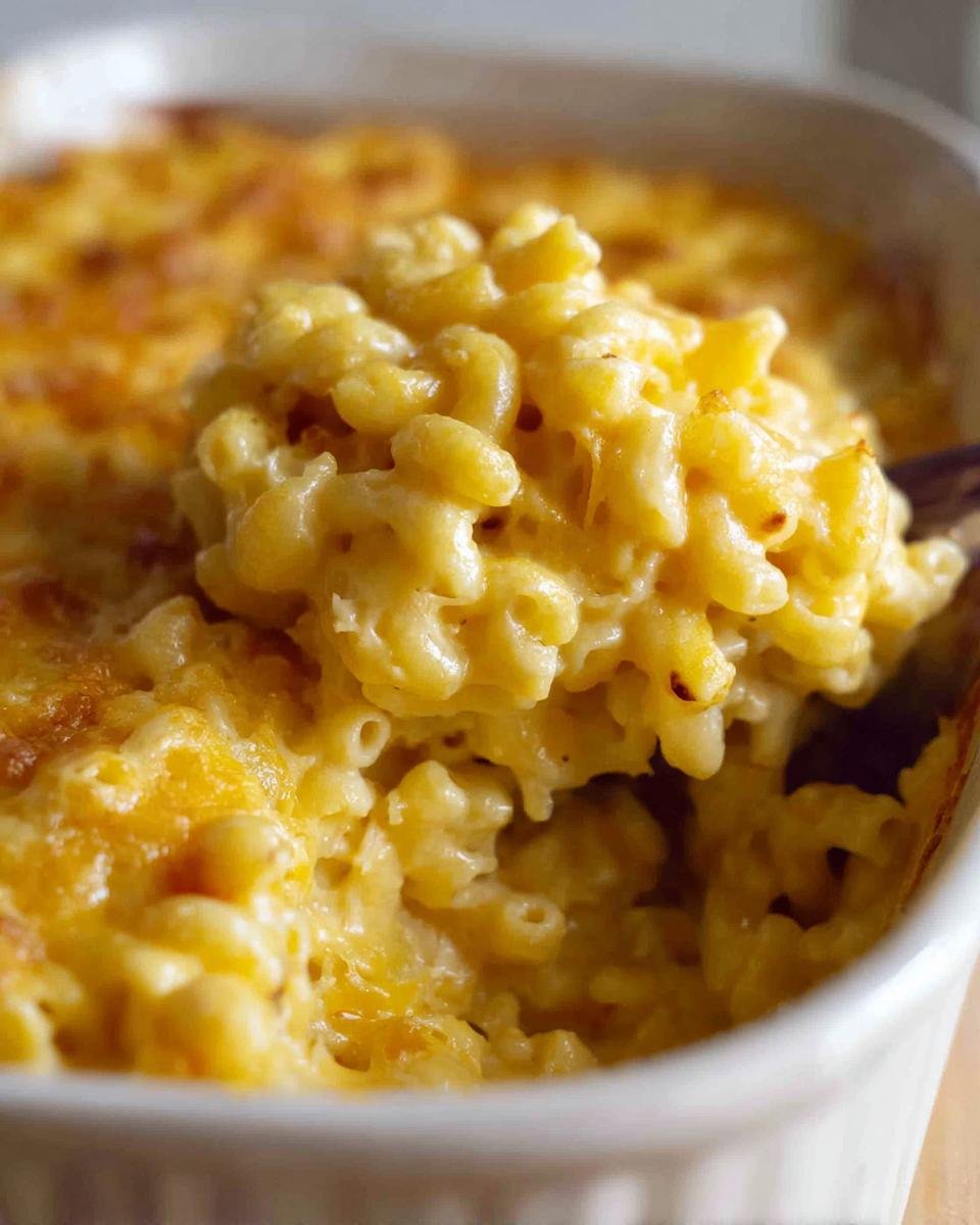 Close-up of a spoonful of creamy, cheesy Mac and Cheese being lifted from a baked casserole dish.