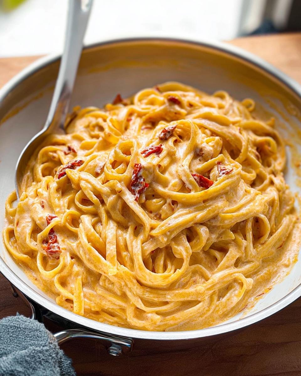 Close-up of fettuccine coated in a rich, orange-hued Creamy Sun-Dried Tomato Pasta sauce with visible pieces of sun-dried tomatoes.