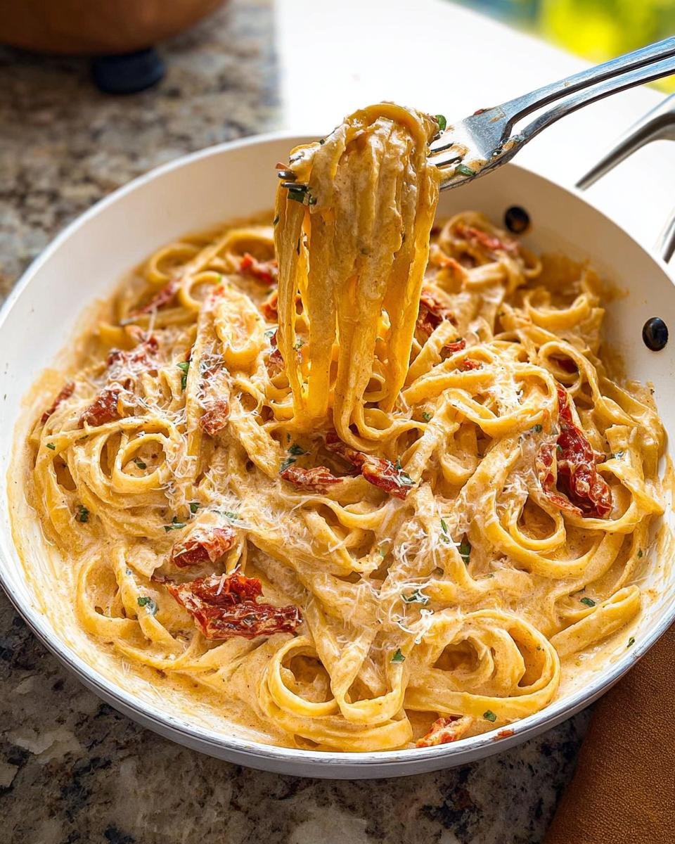 A fork lifting a tangle of fettuccine coated in rich sauce from a bowl of Creamy Sun-Dried Tomato Pasta.