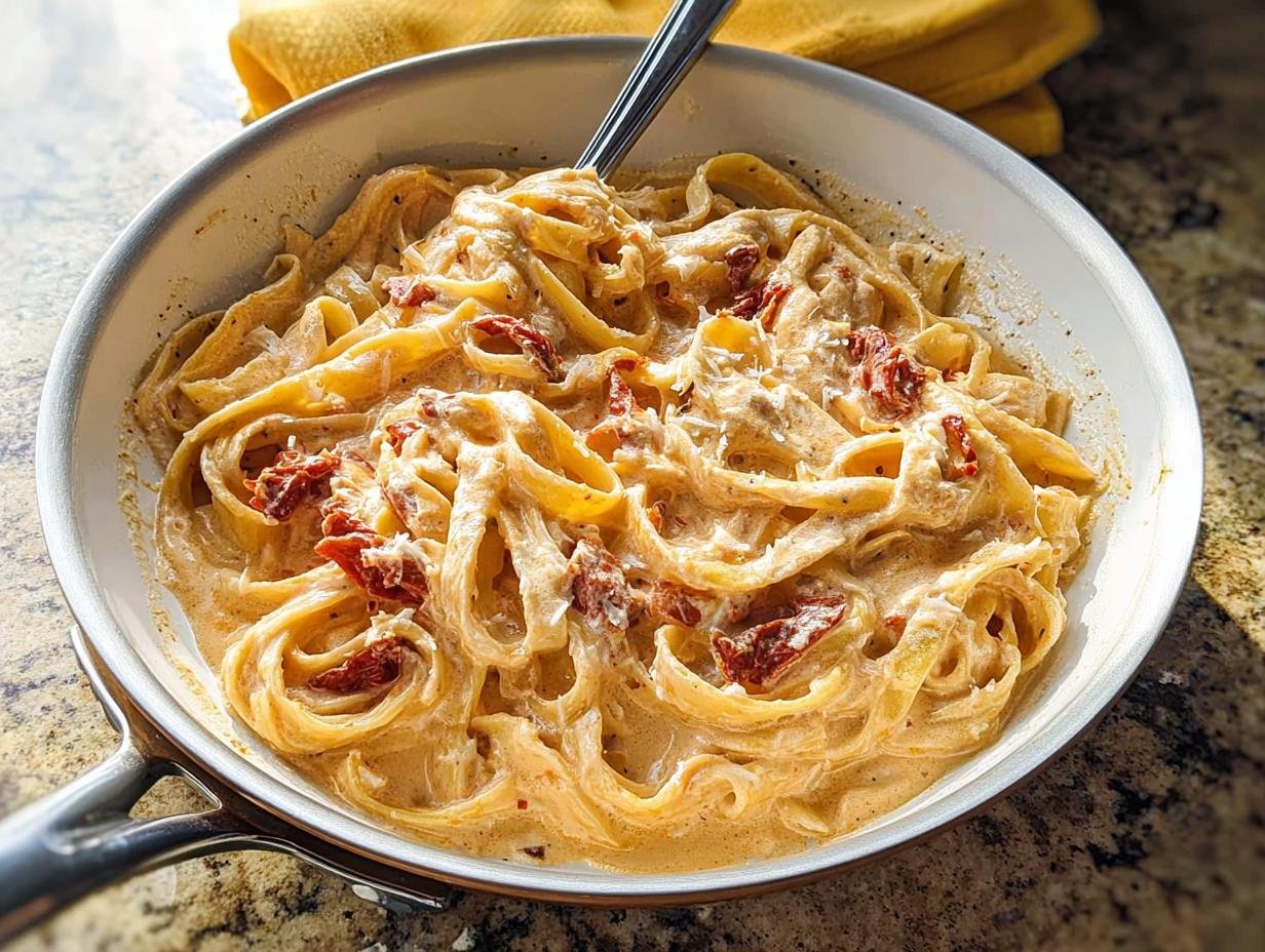 A close-up view of fettuccine pasta coated in a rich sauce with sun-dried tomatoes, representing Creamy Sun-Dried Tomato Pasta.