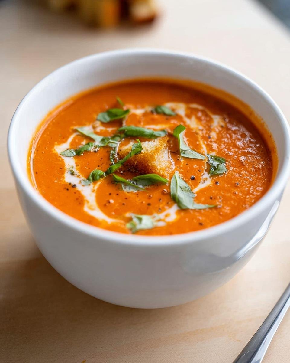A close-up of a white bowl filled with rich, orange Creamy Tomato Basil Soup, garnished with cream swirl, basil, and a crouton.