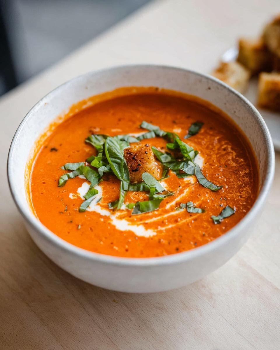 A vibrant bowl of Creamy Tomato Basil Soup, garnished with fresh basil, a swirl of cream, and a toasted crouton.