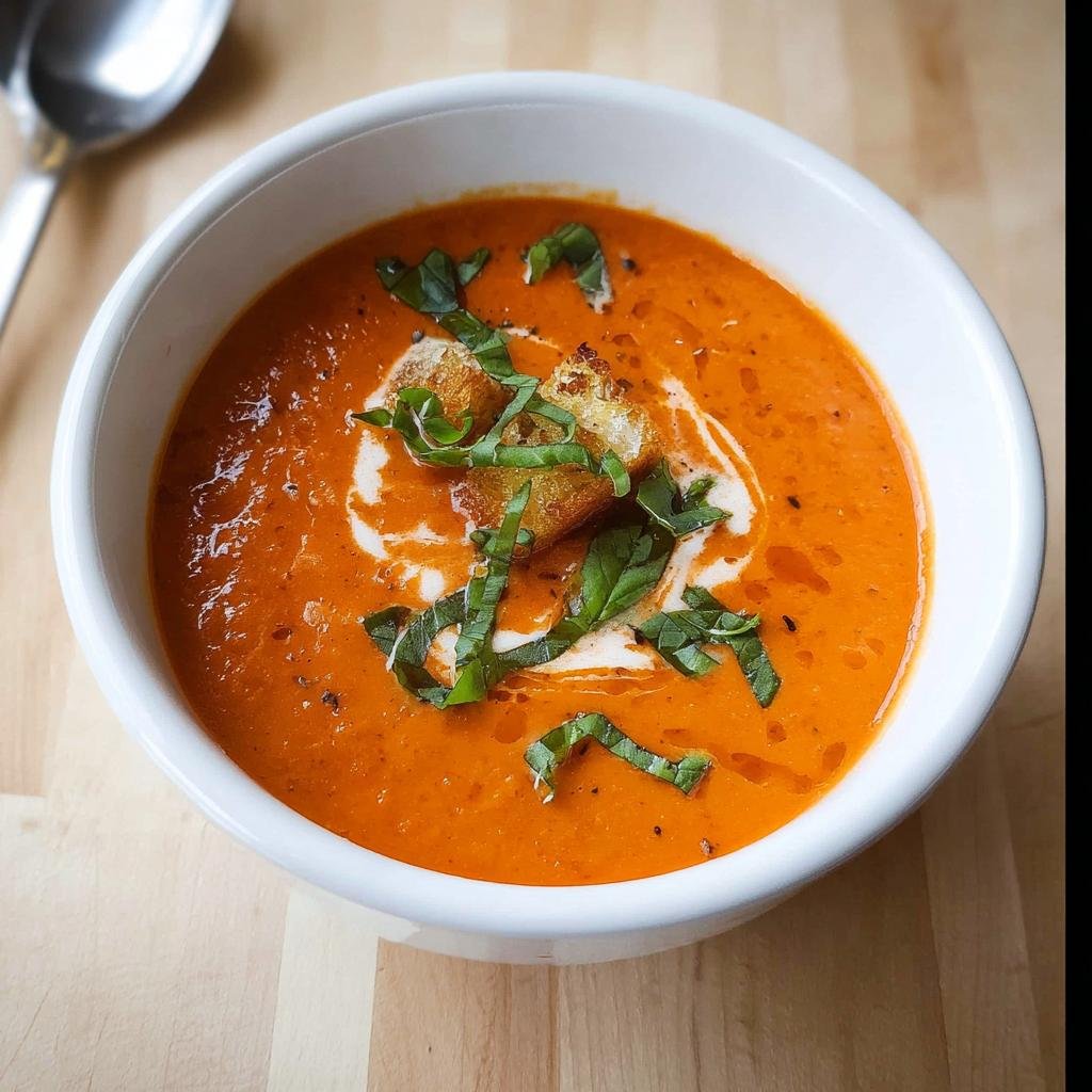 Close-up of a white bowl filled with vibrant orange Creamy Tomato Basil Soup, topped with cream swirl, croutons, and fresh basil.
